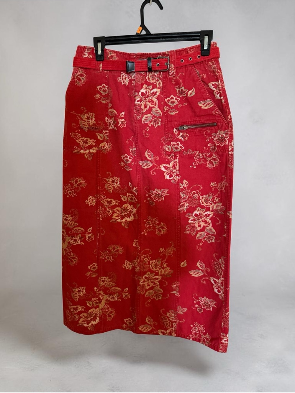 Vintage Eddie Bauer Red Floral Midi Skirt with Belt